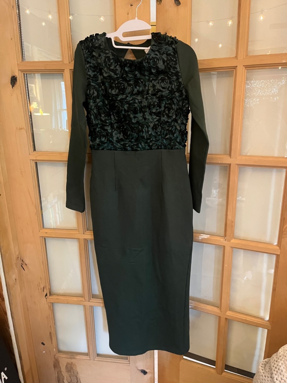 Dark Green Long Sleeve Fitted Midi Dress with Floral Appliqué